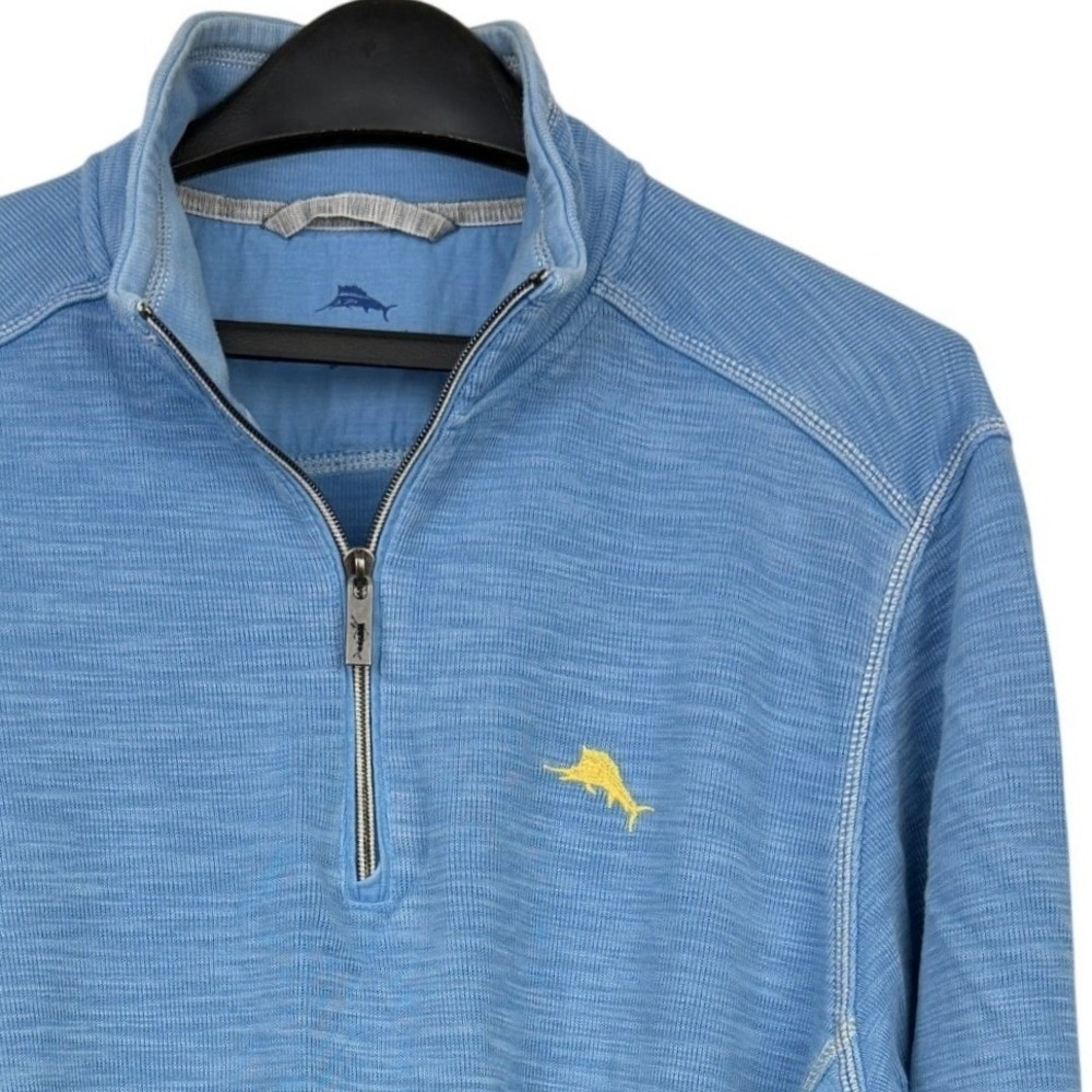 Tommy Bahama Quarter 1/4 Zip Mens M Slub Pima Cotton Blend Pullover Blue *Read